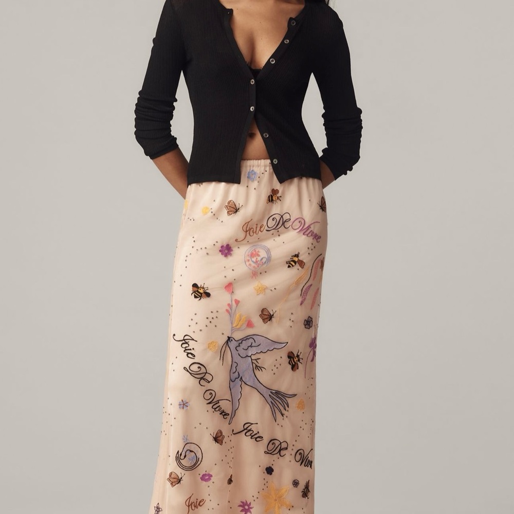 Elegant Anthropologie Embroidered Midi Skirt with Floral Design Sz S NWT - Picture 2 of 8